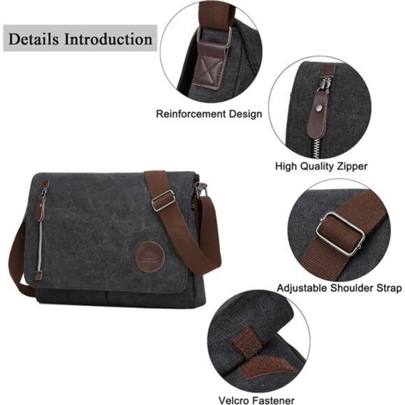 Canvas Messenger Bag Laptop Bag Crossbody Shoulder Bag Work Travel School Bag Me - Picture 3 of 7